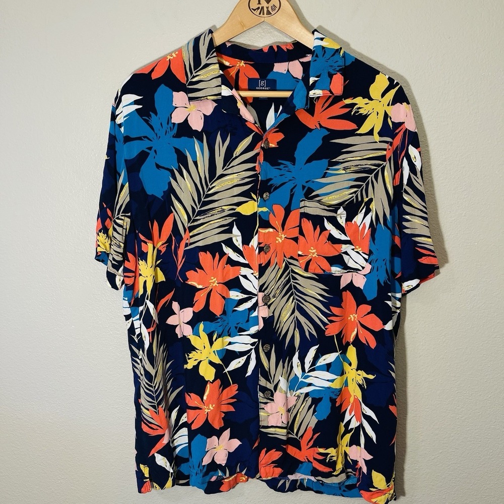 George Men's Tropical Button Up Shirt‎ Short Sleeve Resort Vacation Cruise Sz L